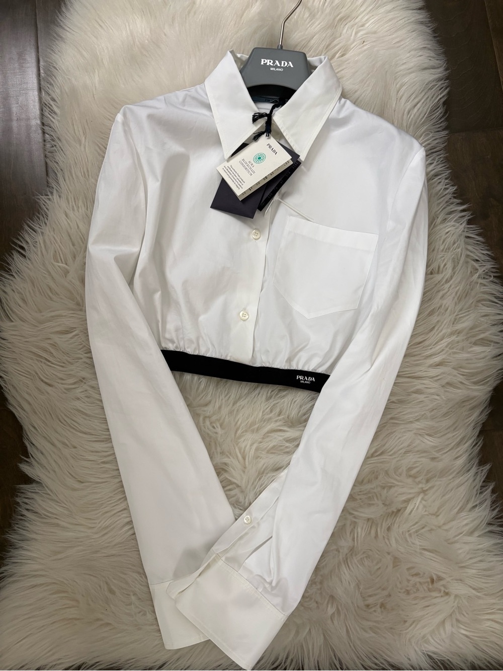 Prada White Button-Down with Black Logo Hem
